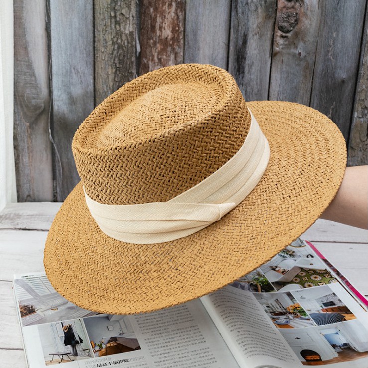 Mũ rơm vành rộng có dây màu trắng thời trang nữ tính mùa hè