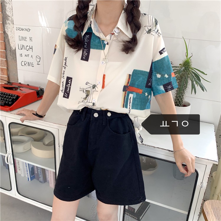 LEEVA - Áo sơ mi chiffon tay ngắn in họa tiết thời trang ngày thường cá tính cho nữ: Trắng hình | BigBuy360 - bigbuy360.vn