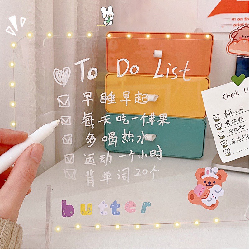 Bảng Ghi Chú Trong Suốt Acrylic Để Bàn Tiện Lợi Bảng Note Kế Hoạch Có Chân Chất Liệu Nhựa Mica Có Đèn Phát Sáng