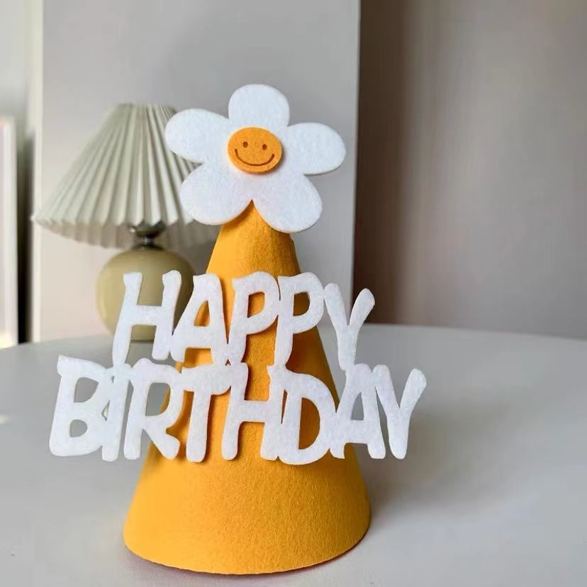 Mũ sinh nhật vải dạ hoa cúc 3D, mũ Happy Birthday phong cách Hàn Quốc - Kemshop K316