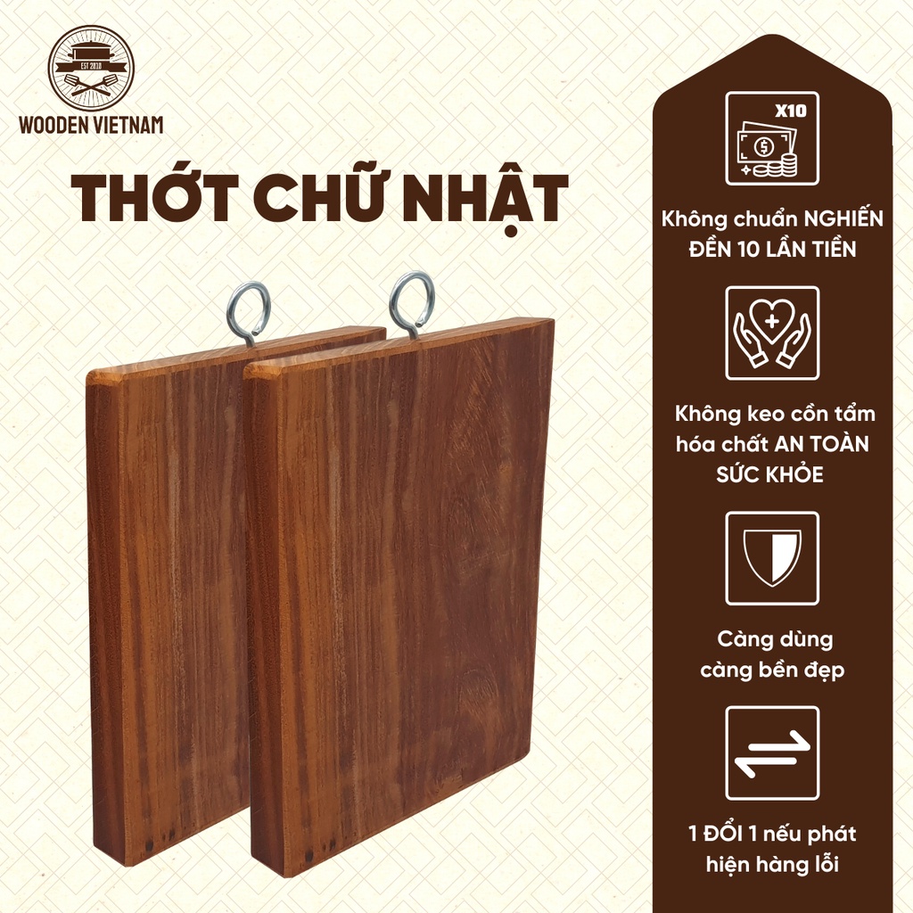 Thớt gỗ nghiến chữ nhật Wooden Vietnam sử dụng thái xắt gia đình chuẩn Tây Bắc, nguyên mộc - TCN