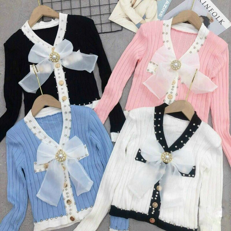 Áo len nơ dài tay đính đá Quảng Châu co dãn thoải mái | BigBuy360 - bigbuy360.vn