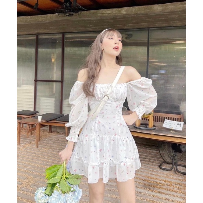Váy babydoll hoa nhí cổ vuông tay dài dây rút ngực dáng xoè bèo tầng 2 lớp phong cách Hàn Quốc