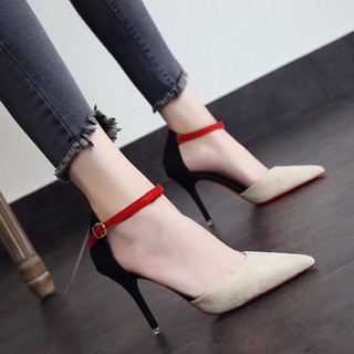 Giày cao gót nữ phối màu, chất nhung