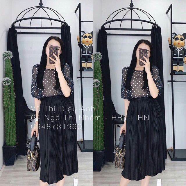 Chân váy dập li nhỏ LINH RUBI STORE cạp chun dáng xòe dài qua gối V016
