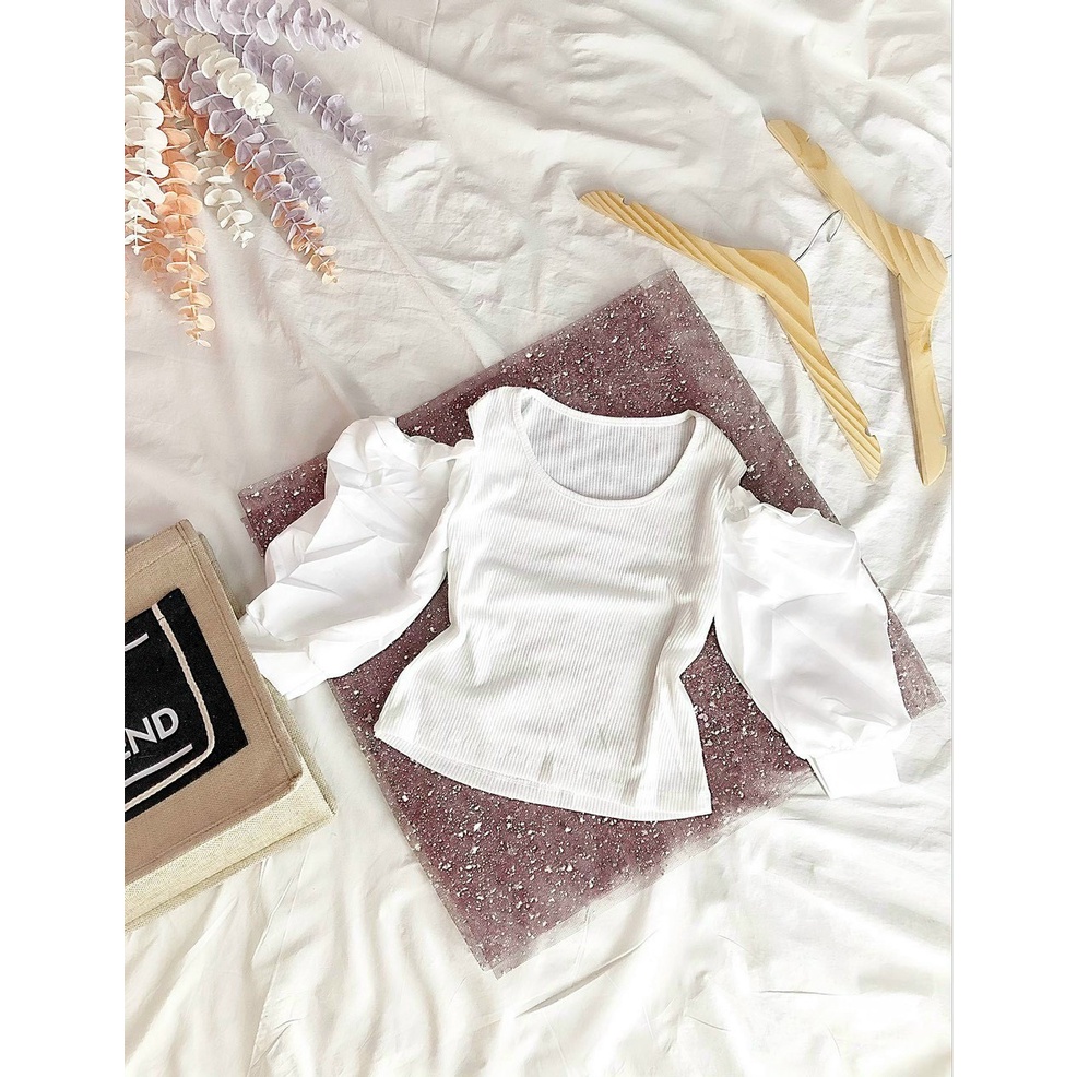 Áo thun nữ phối tay kate phồng rớt vai 2 màu trắng đen croptop NA