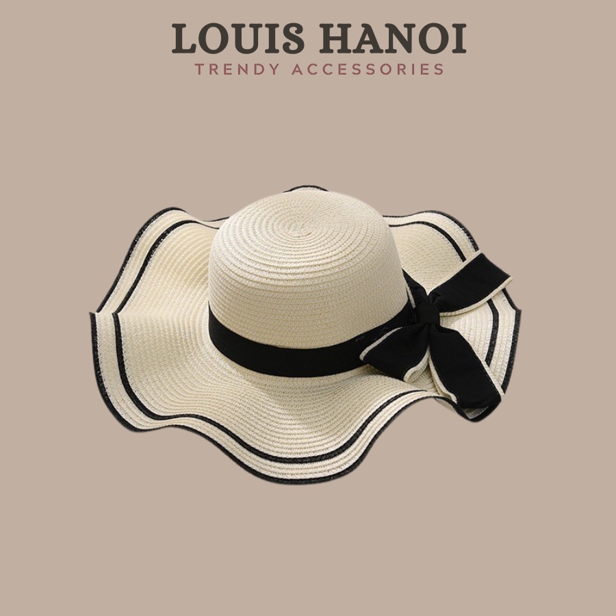 Mũ Cói Đi Biển Cho Nữ Louis Hanoi - Nón Cói Vành Rộng, Lượn Sóng, Nơ Kép Phong Cách Hàn Quốc