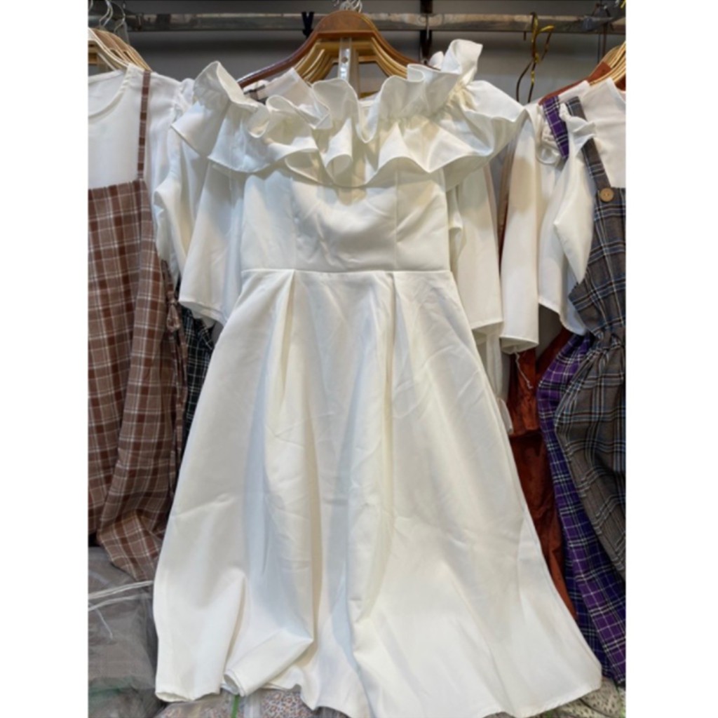 Đầm bèo vai màu trắng CKV9019, kiểu váy dự tiệc dự tiệc đẹp sang trọng freesize <55kg