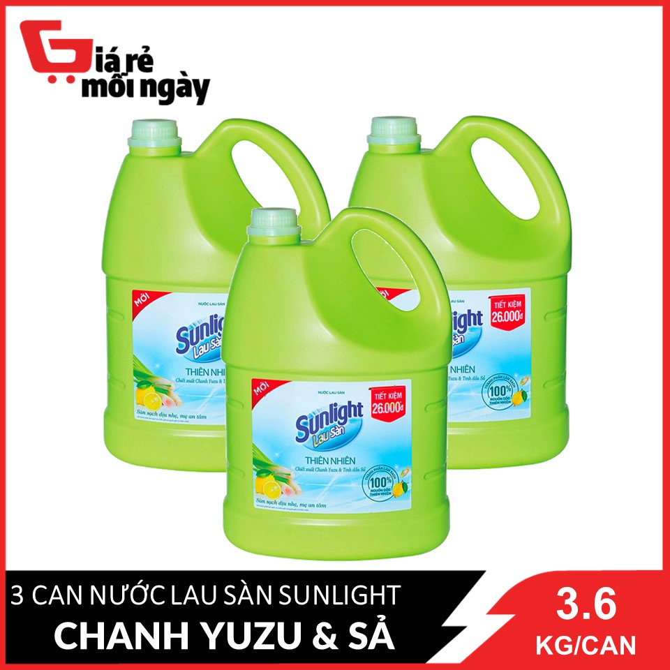 Combo 3 Nước lau sàn Sunlight Thiên nhiên chiết xuất Chanh Zuzu &amp; Sả Can 3.6KG