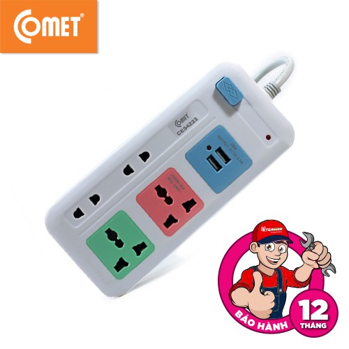 Ổ Cắm Điện Đa Năng Comet CES4223 2500W dây dài 3m, 4 lỗ cắm, 2 cổng sạc USB, 1 công tắc