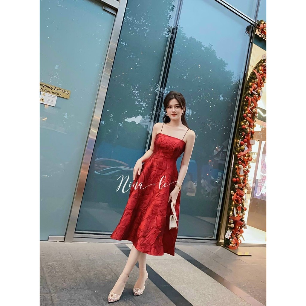 Váy đầm nữ cao cấp hai dây màu đỏ (có mút ngực) họa tiết HT100