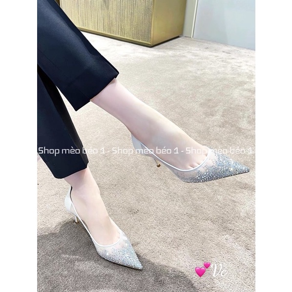 Giày cao gót jc lưới bạc tán đá gót nhọn fullbox