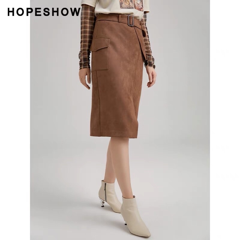 Chân váy da lộn nâu Hopeshow