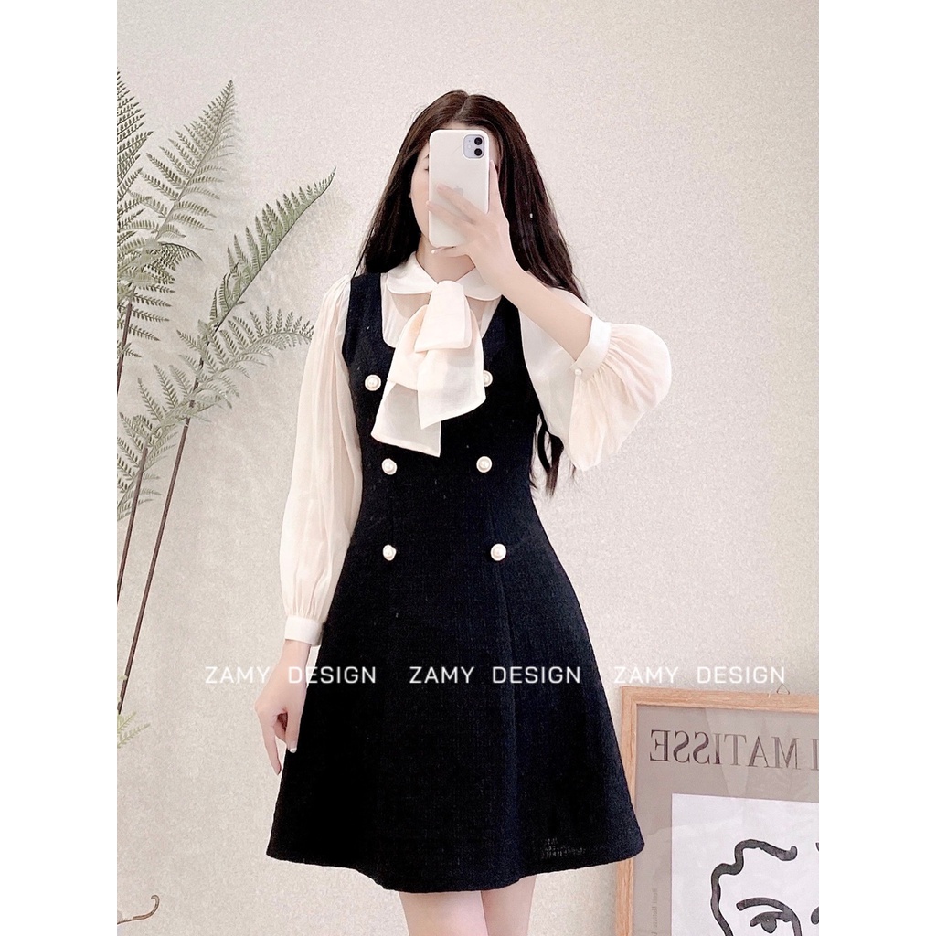 Váy TK dạ phối tơ cổ sen thắt nơ Zamy | BigBuy360 - bigbuy360.vn