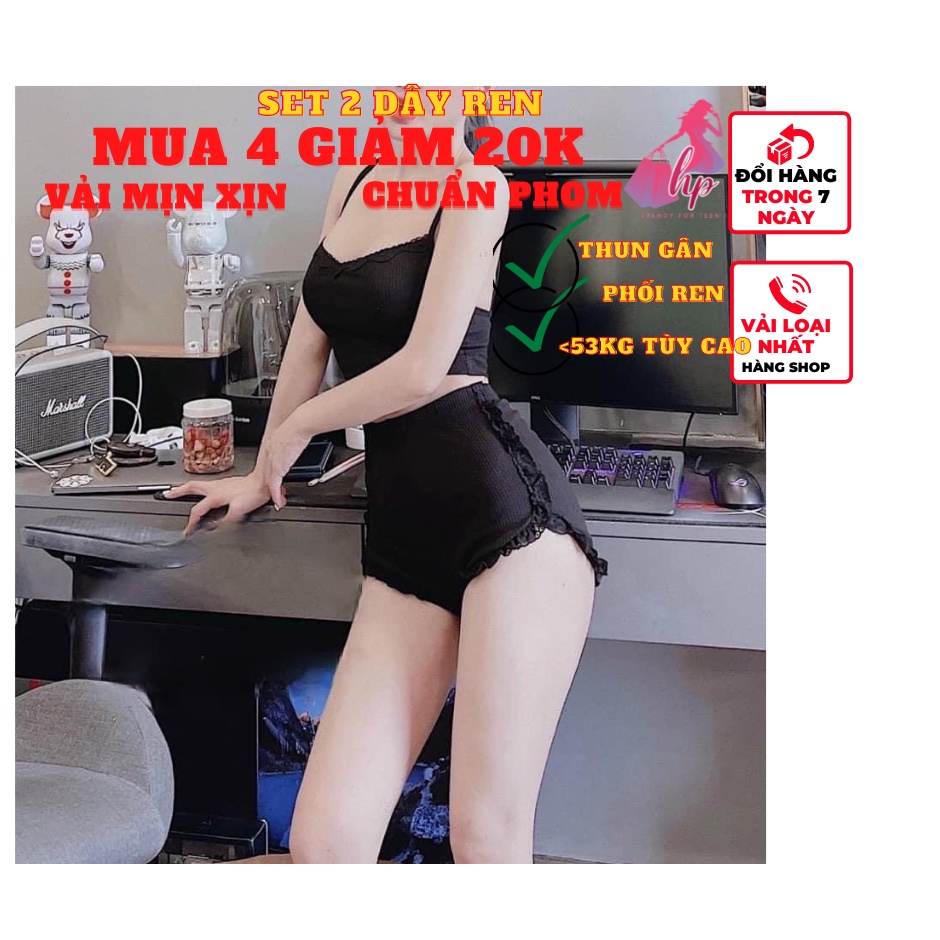 Set đồ nữ áo croptop 2 dây kèm quần cộc ngắn phối ren thun gân mặc nhà ngủ- -set ngủ - vd40