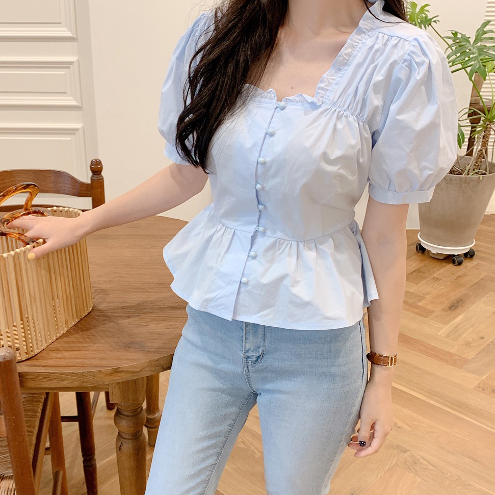 Áo Kiểu Tay Phồng Cổ Vuông Thời Trang Thanh Lịch Cho Nữ 34773
