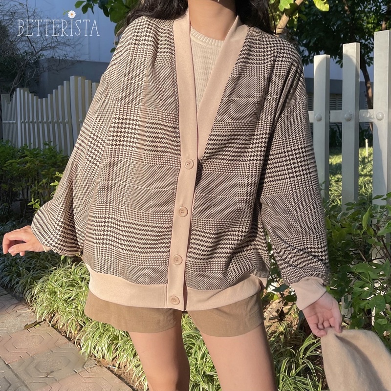 Plaid Cardigan áo khoác dáng rộng kẻ nâu viền be