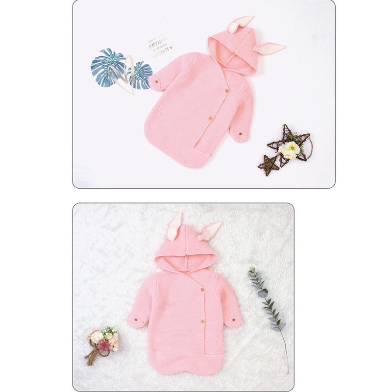 Chăn Quấn Em Bé Bằng Cotton Dệt Kim Hình Tai Thỏ Dễ Thương