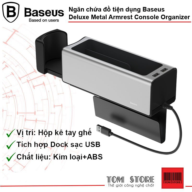 Ngăn chứa đồ tiện dụng tích hợp Dock sạc USB dùng trên xe hơi Baseus Deluxe Metal Armrest Console Organizer -Bh 12 tháng