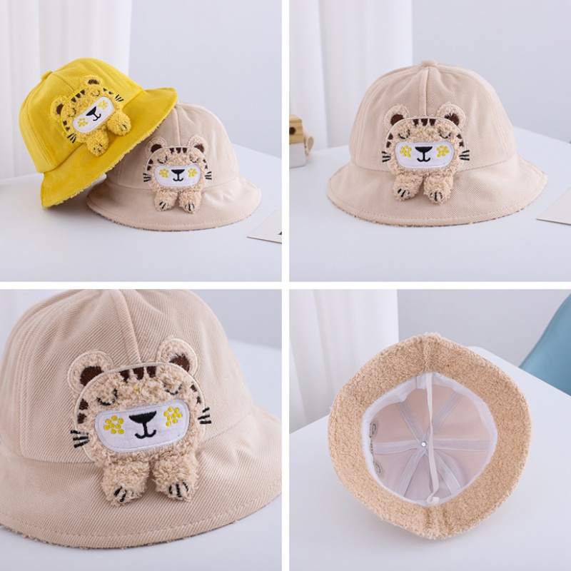 Mũ bucket nhung phối lông thú hoạ tiết hoạt hình đáng yêu ch bé