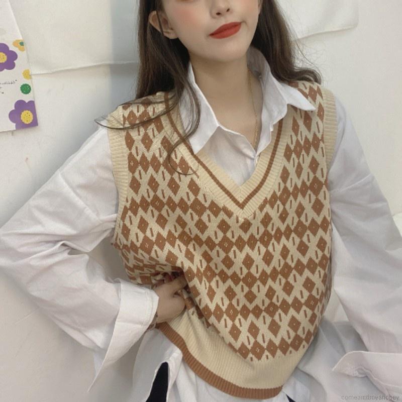 Áo dệt kim sát nách cổ chữ V màu sắc tương phản trẻ trung phong cách Hàn Quốc | BigBuy360 - bigbuy360.vn