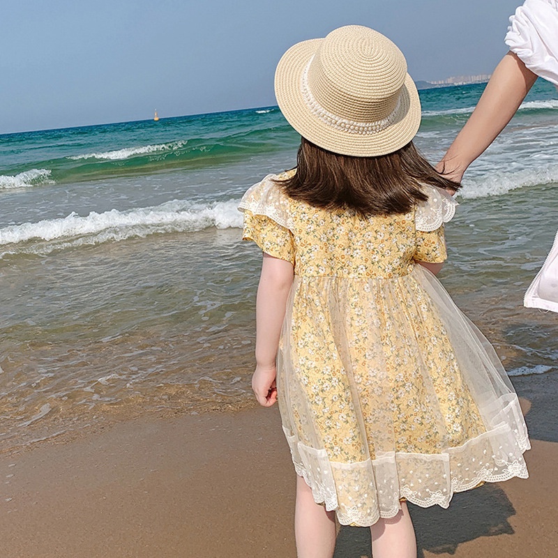 Đầm Cotton Phối Lưới In Hoa Xinh Xắn Cho Bé Gái Màu Vàng/Hồng