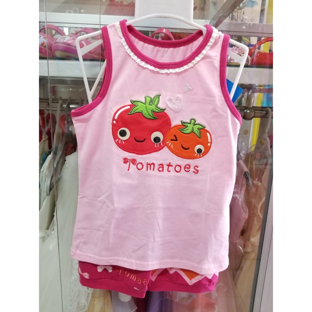 Bộ thun bé gái mùa hè thêu đôi bạn cà chua