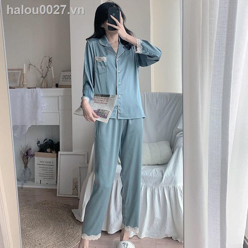 ✿Kho Sẵn Sàng✿Bộ Đồ Ngủ Tay Dài Vải Lụa Mát Phối Ren Thời Trang Xuân Thu Quyến Rũ Cao Cấp Cho Nữ