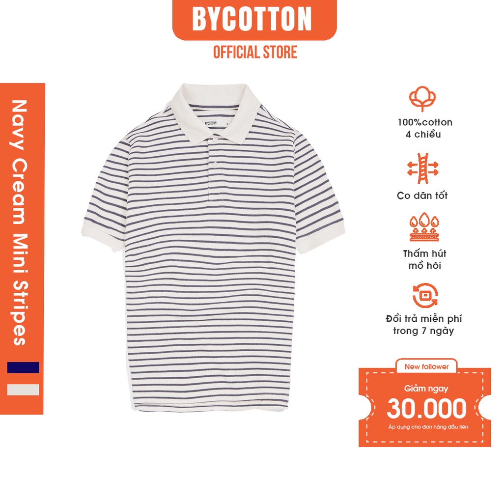 Áo Thun Polo Nam Cổ Bẻ Kem Phối Sọc Nhỏ Xanh Dương BY COTTON Navy Cream Mini Stripes Polo