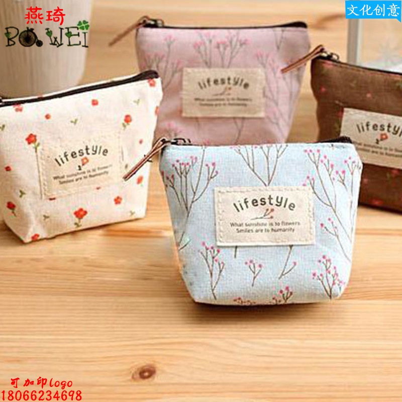 Ví mini vải canvas họa tiết hoa có dây kéo đựng tiền xu/ chìa khóa/ thẻ