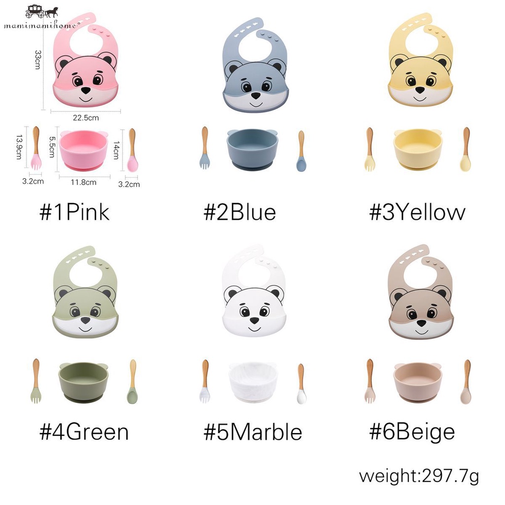 Bộ đồ ăn 4 món cho bé Mamimamihome gồm bát đĩa thìa nĩa bằng silicone hình gấu dễ thương