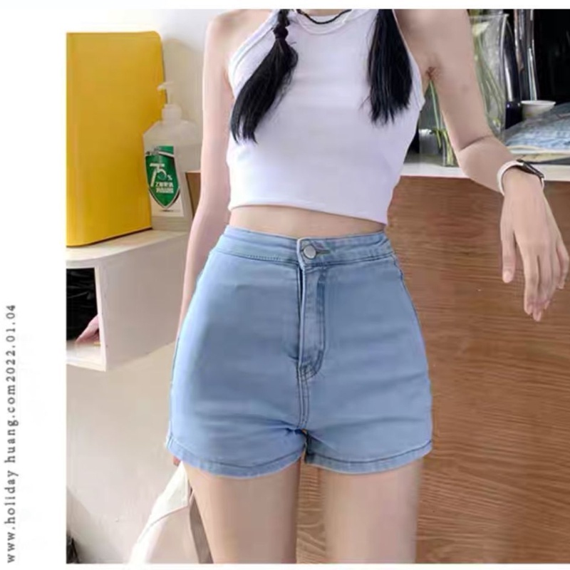 Quần short denim COZOK lưng cao co giãn kiểu dáng đơn giản thời trang