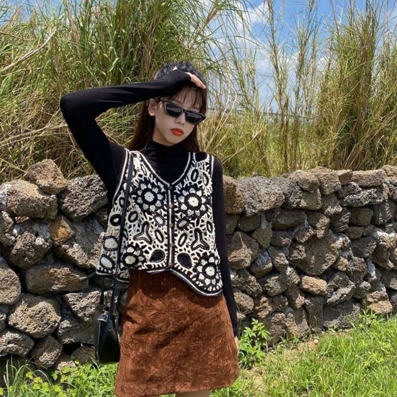 Áo Khoác Cardigan Dệt Kim Sát Nách Cài Nút In Họa Tiết Hoa Thời Trang Cho Nữ