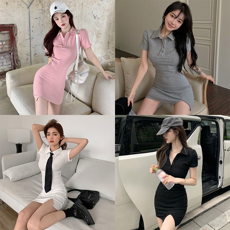 Đầm Tay Ngắn Màu Sắc Đơn Giản Phong Cách Retro Hàn Quốc