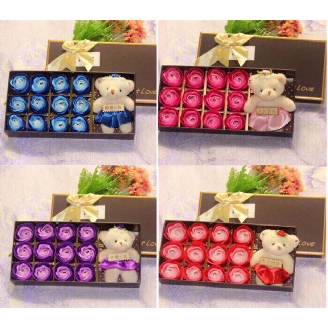 Hộp hoa hồng sáp 12 bông kèm gấu