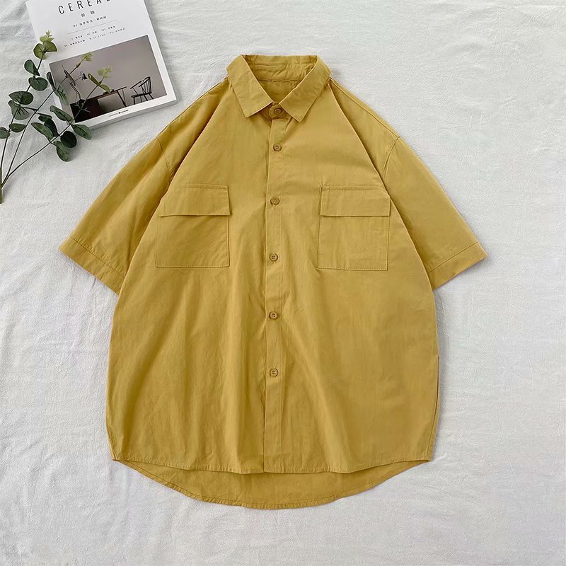 Áo sơ mi tay ngắn dáng rộng vải cotton thiết kế đơn giản phong cách Hàn Quốc thời trang cho unisex