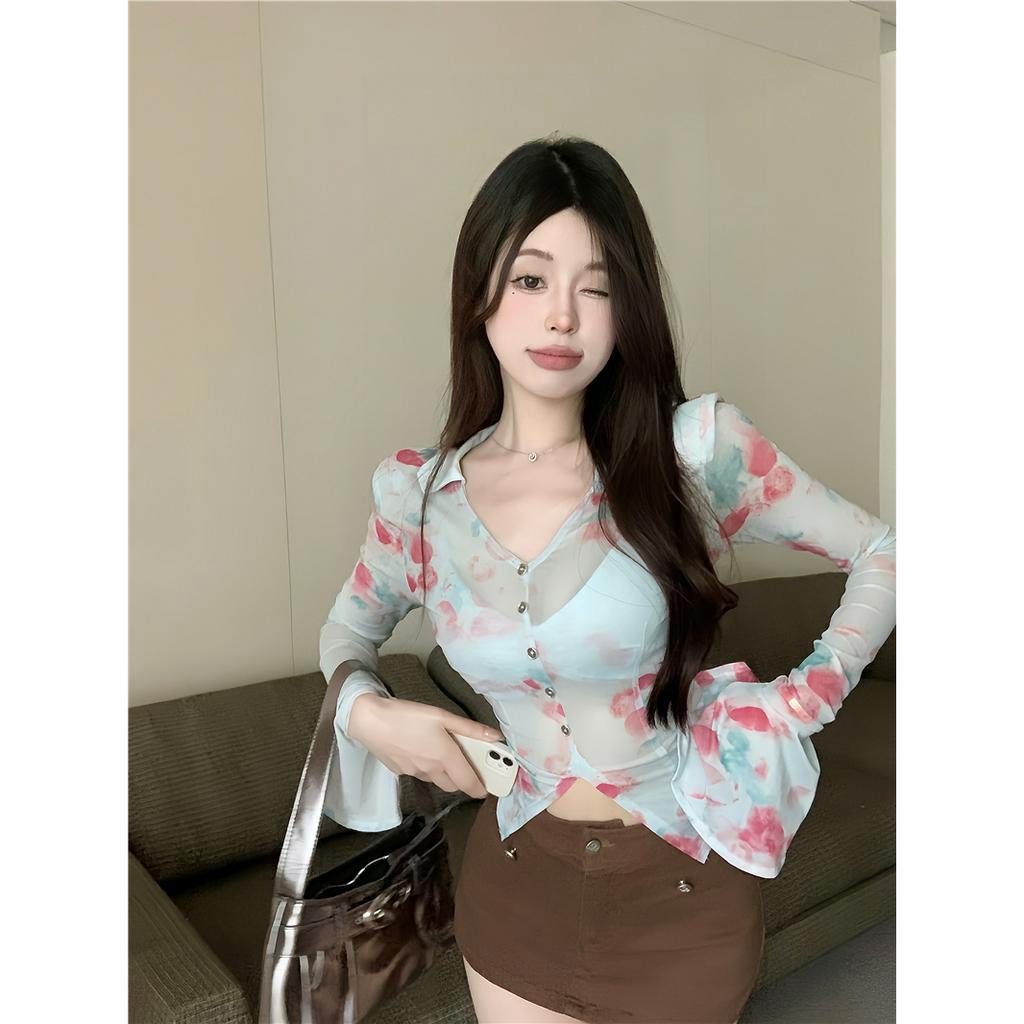 Cocory vn Áo Sơ Mi Tay Dài Phối Lưới Nhiều Màu Sắc Thời Trang Mùa Hè Quyến Rũ Cho Nữ Y2K