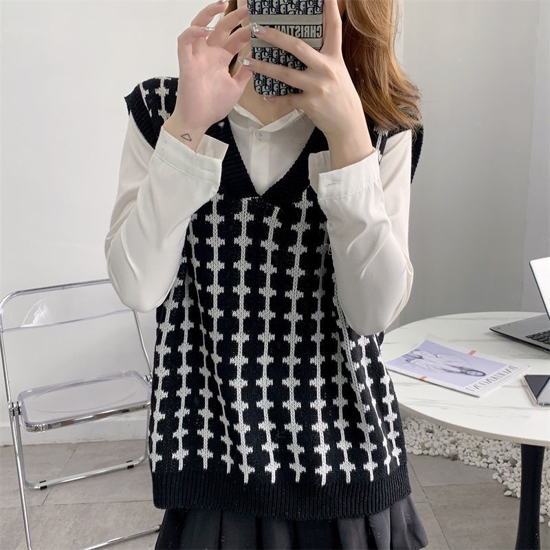 Áo Sweater Dệt Kim Sát Nách In Họa Tiết Kiểu Retro Thời Trang Mùa Thu