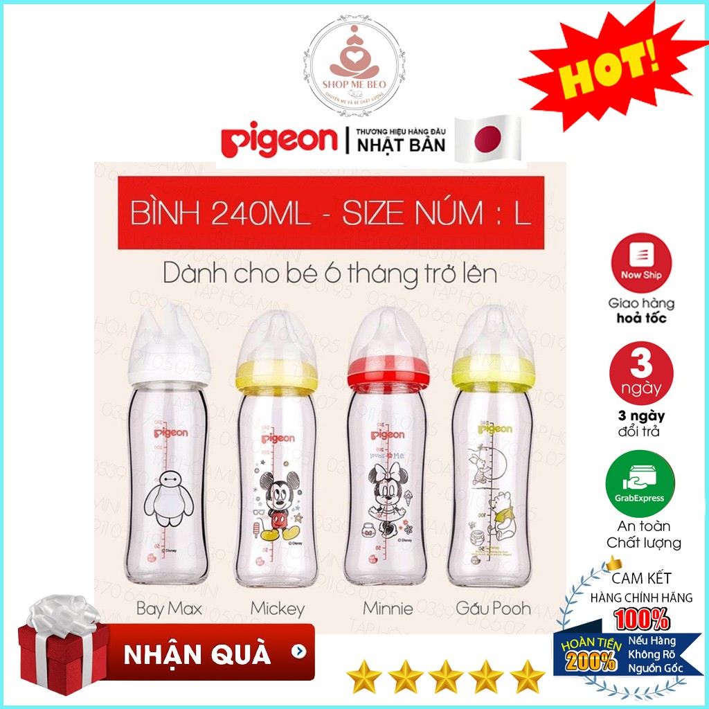 Bình Sữa Nội Địa Thủy Tinh Pigeon Cổ Rộng Cao Cấp 160ml/240ml Mẹ Beo