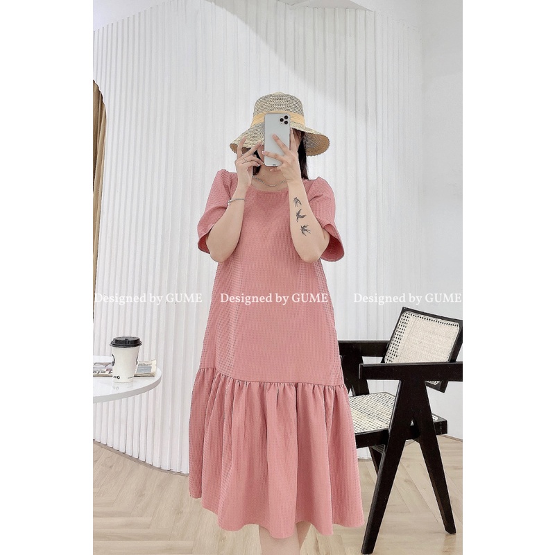 Váy bầu thu đông dáng maxi, đuôi cá basic vải xốp ô vuông, 3 màu hồng, xanh, tím, thương hiệu GuMe GM040
