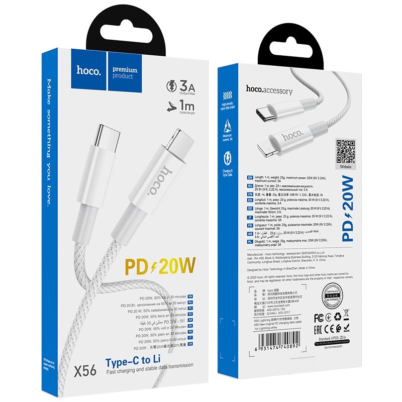Dây sạc phone nhanh chính hãng hoco X56, dây sạc hỗ trợ sạc nhanh PD20W, chống đứt chống rối siêu bền dài 1M - BH 12T