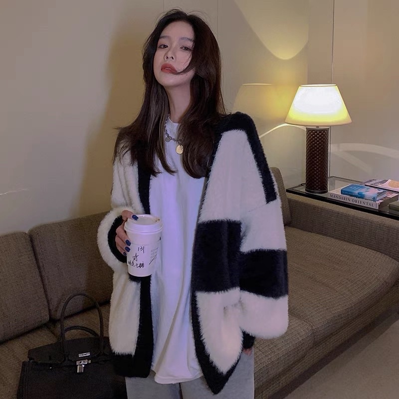 Áo Cadigan len lông phối kẻ đen trắng Ulzzang freesize