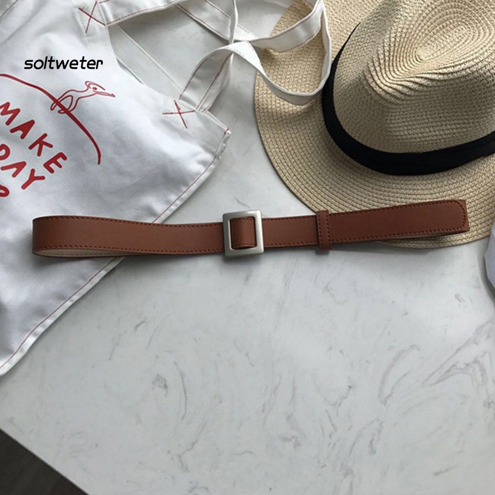 Dây thắt lưng da giả màu trơn khóa cài kim loại thời trang dành cho nữ