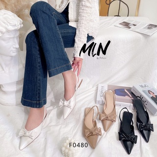 Giày sandal nữ slingback đế bệt bít mũi nhọn phối nơ hậu thun ôm chân da mềm f0480
