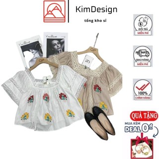 Áo babydoll nữ tay ngắn KimDesign,Áo kiểu thêu hoa viền ren tay bồng chất đũi freesize QATE A6