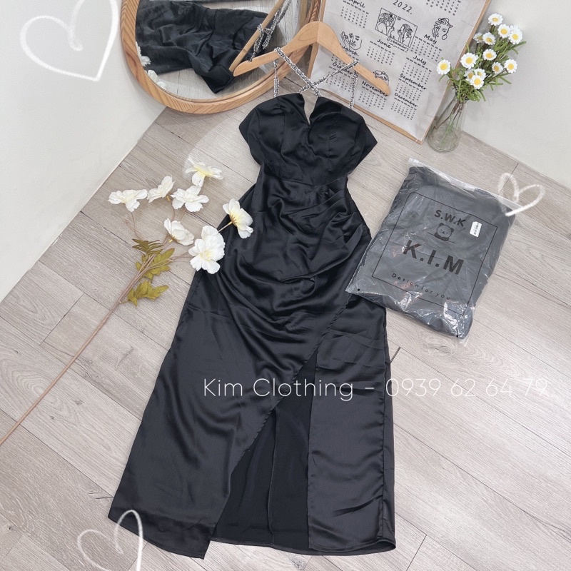 [Hàng sẵn - Hình thật] Đầm cổ yếm cúp ngực xẻ tà nhíu eo sang chảnh