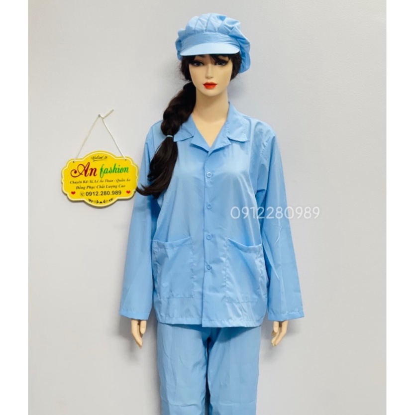 Quần áo Thực Phẩm, Thủy sản màu xanh tay dài_ Hình chụp thật