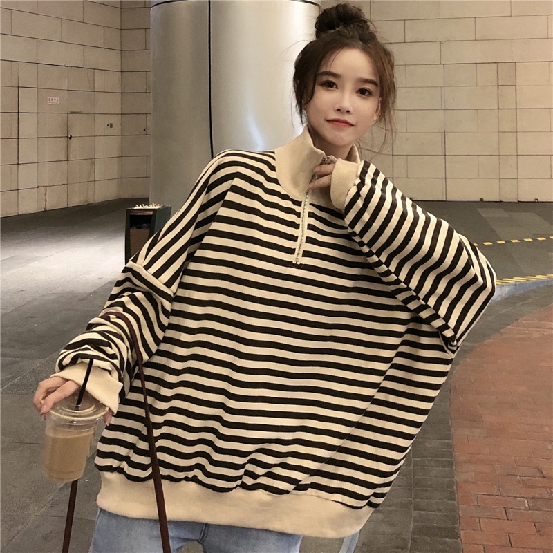Áo sweater tay dài cổ bẻ kẻ sọc caro phối khóa kéo kiểu Hàn Quốc cá tính | BigBuy360 - bigbuy360.vn
