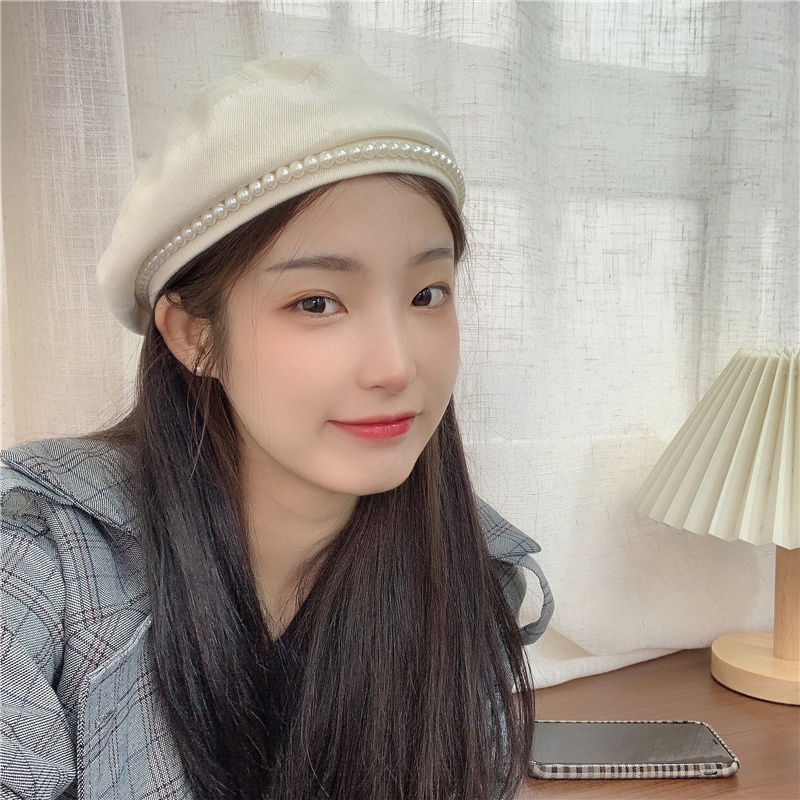 Mũ Beret Đính Ngọc Trai Phong Cách Anh Quốc Cổ Điển Thời Trang Xuân Thu Cho Nữ