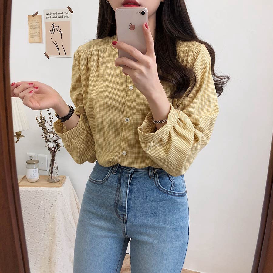 Áo sơ mi cổ cao tay dài phong cách thanh lịch cho nữ 27362